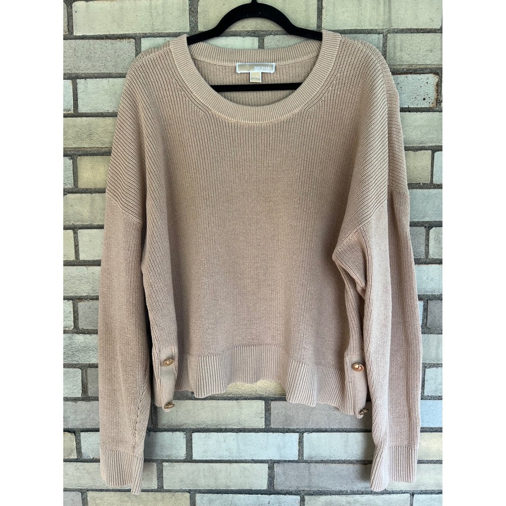Michael Kors Tan Shaker Knit Sweater Cotton Blend Button Side Crewneck Size XL